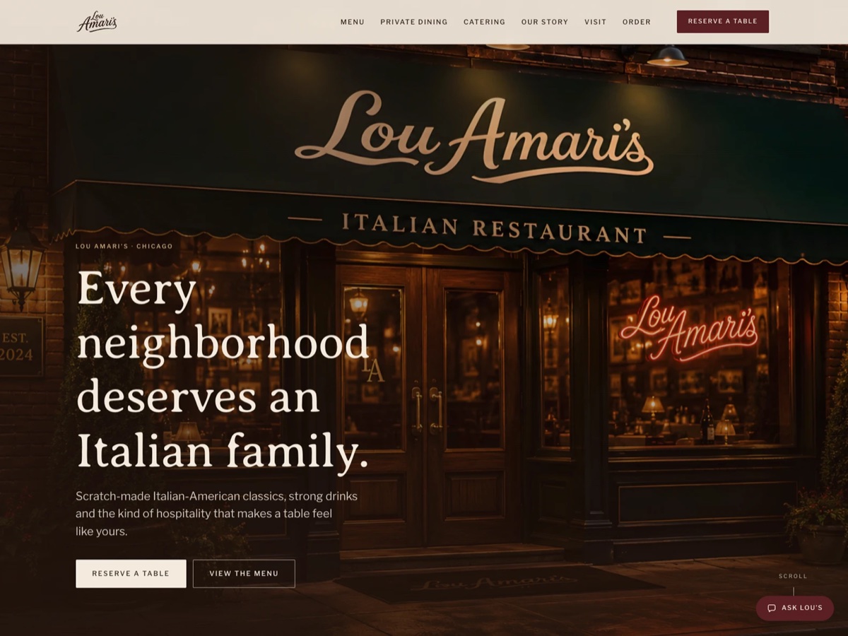 Lou Amari's homepage hero: the restaurant's brick storefront lit up at night.